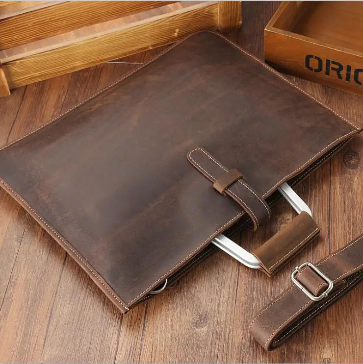NEWSBIRDS Adult Unisex Modern Two Handles-One Shoulder Strap Rectangle Brown-Black Cowhide Leather Metal Zipper Polyester Lining A4 File Documents Built-In 14 Inch Laptop Single Compartment Business Handbags