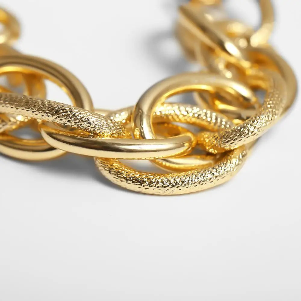 SALIRCON Adult Women Fine Imitation Metal Alloy Gold Geometric Round Shaped Punk Cuban Thick Chain Chunky Choker Necklace-Bracelet Jewelry Sets