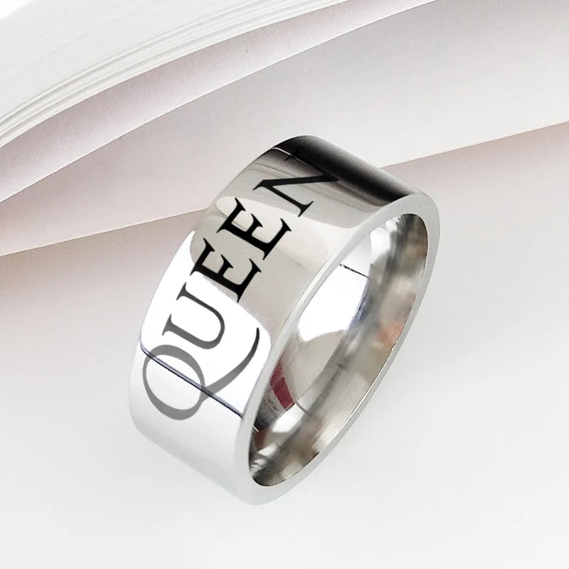 No-EN-Name-Null Women Fine Imitation Titanium Steel Metal Silver Background Black Letters Engraved QUEEN Punk Cocktail Band Hip-Hop-Rock Rings/Colors-Black/Silver