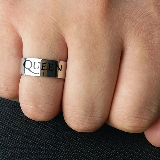 No-EN-Name-Null Women Fine Imitation Titanium Steel Metal Silver Background Black Letters Engraved QUEEN Punk Cocktail Band Hip-Hop-Rock Rings/Colors-Black/Silver