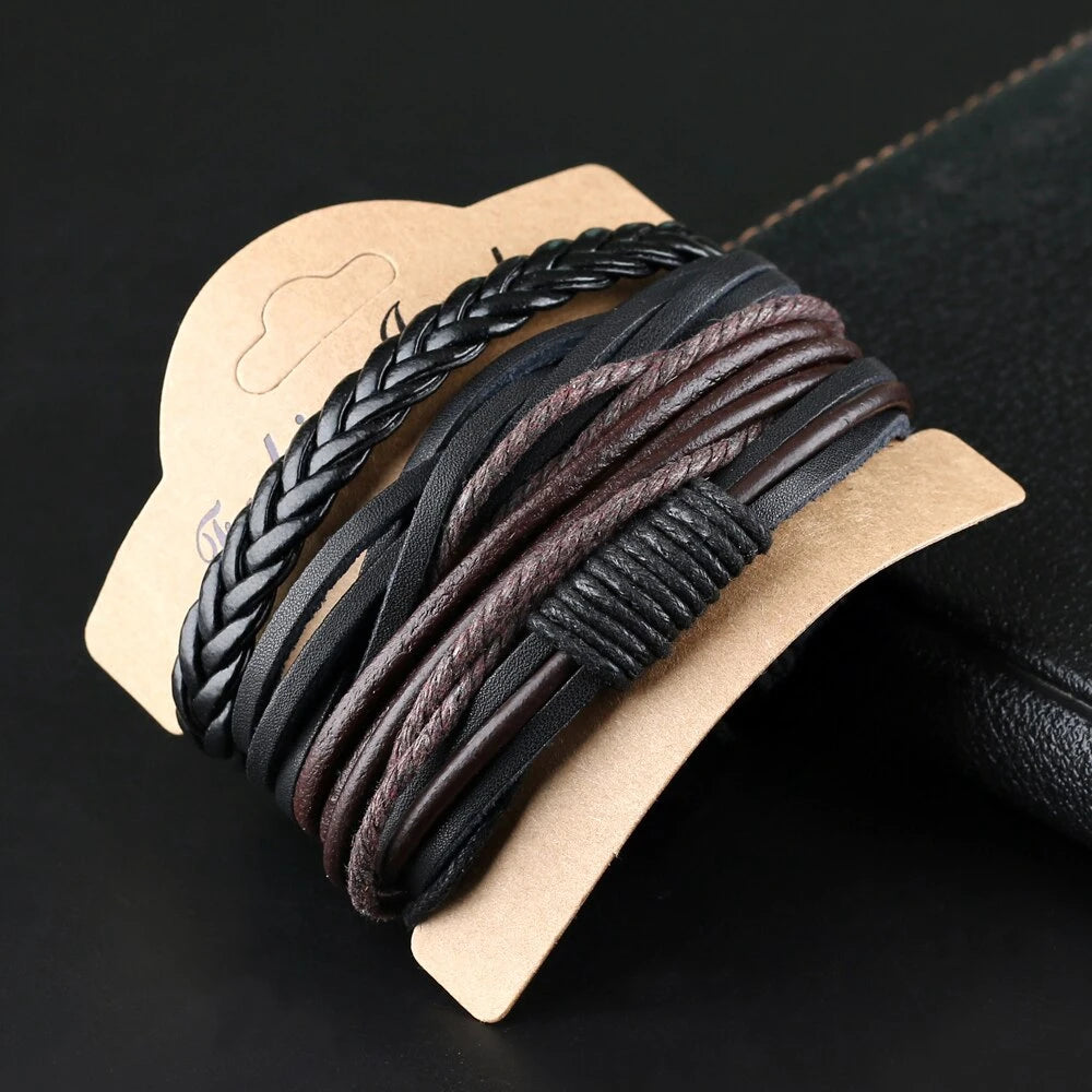 LIUJUN 4 PCS Adult Men Vintage Imitation Geometric Black-Brown Multilayer Rope Chain Woven Beaded Cord Leather Lace-Up Clasp Round Bracelets Sets
