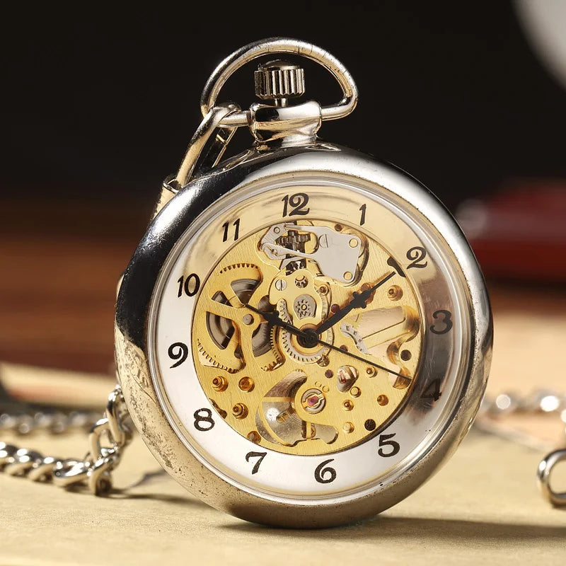 GORBEN Adults Analog Display Retro Silver-Bronze Round Roman Numeral Hand Winding Acrylic Face Stainless Steel Metal Japanese Polygon Mechanical Steampunk Skeleton Dial Pendant Chain-Pocket Watches/Gift Box Optional
