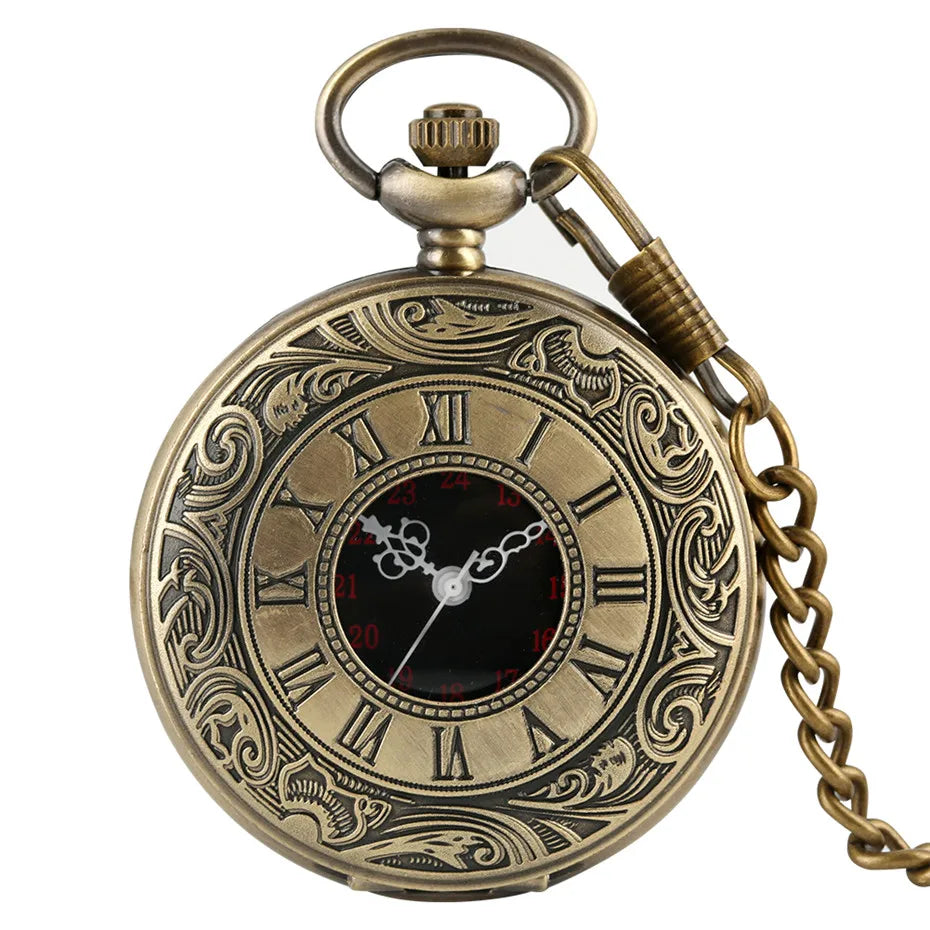 YISUYA Adults Men Antique Quartz Acrylic Face Round Shaped Metal Alloy Case Black Roman Numeral Steampunk Black Necklace Chain-Pocket Watches /Colors-Black/Gold/Silver/Bronze