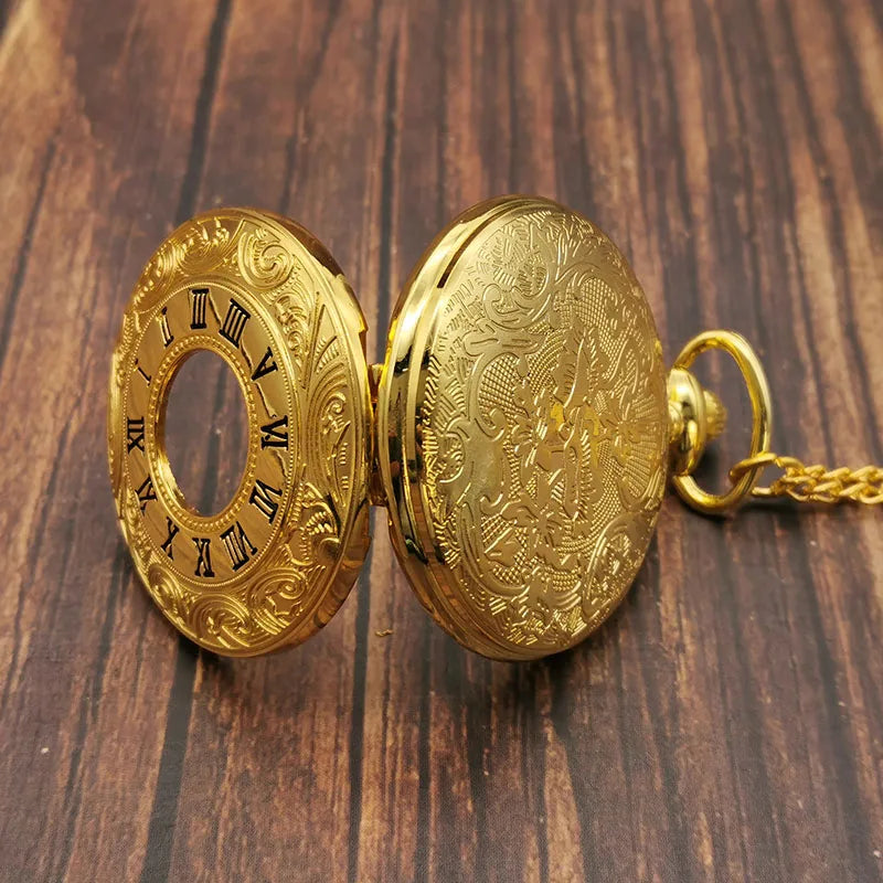SHUHANG Adults Quartz Digital-Analog Display Plastic Face Gold-Black Round Shaped Stainless Steel Metal Case Hallow-Out Roman Numerals Pendant Chain-Pocket Watches