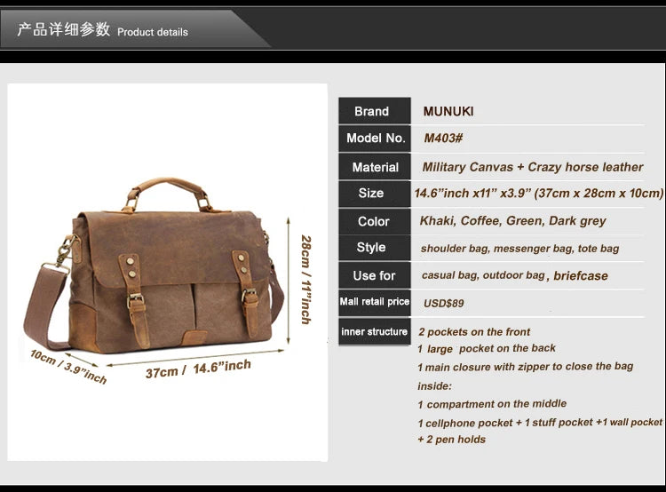 MUNUKI Men Vintage Convertible Thick Canvas Brown-Gray Cowhide Leather Soft Handle-Detachable Shoulder Strap Zipper-Hasp Cotton Lining 14 Inch Laptop Single Compartment External Pockets Business Briefcases/Colors-Gray/Brown