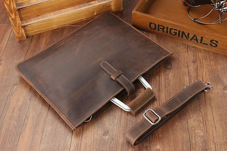 NEWSBIRDS Adult Unisex Modern Two Handles-One Shoulder Strap Rectangle Brown-Black Cowhide Leather Metal Zipper Polyester Lining A4 File Documents Built-In 14 Inch Laptop Single Compartment Business Handbags