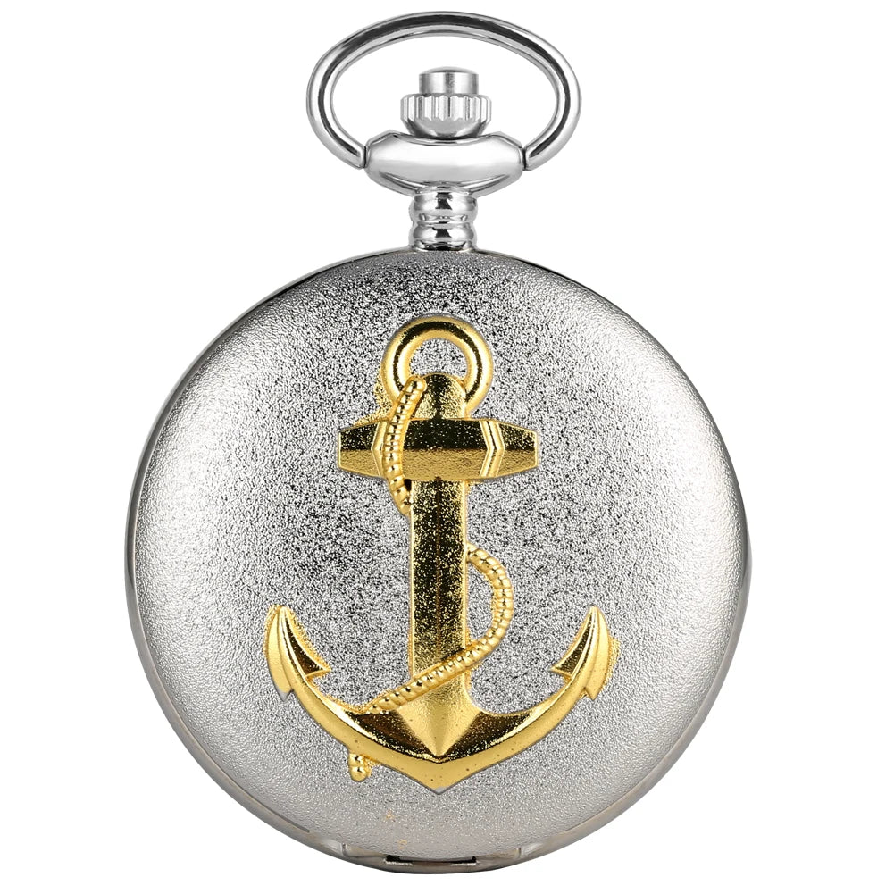 YISUYA Adults Waterproof Antique Japanese Quartz Bronze-Silver Metal Alloy Round Shaped Case 12 Hour Display Acrylic Face 3D Anchor-Rope Design Necklace Chain-Pocket Watches
