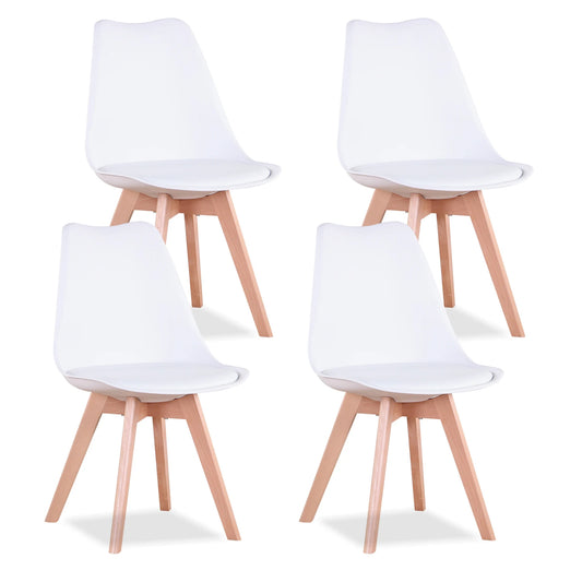 EGOONM Nordic 4 pcs Solid Wood Base Dining Faux Leather Armless Plastic Upholstered Cushion Paver Chair Set/ Colors-Beige/White/Blue/Gray/Black/Yellow