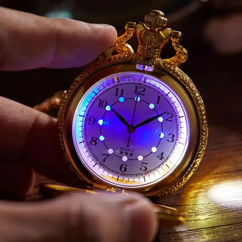 YISUYA Adults Antique Japanese Quartz Analog Display Acrylic Face Round Shaped Metal Alloy Case Hollow-Out Engraved Locomotive Train Floral Front Design Luminous LED Light Gold Chain-Pocket Watches /Colors-Gold/Bronze/Silver