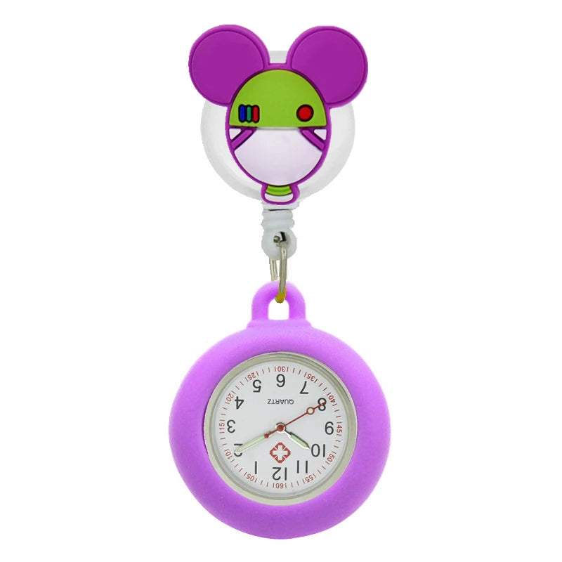 No-EN-Name-Null Adults Waterproof Glass Face Yellow Silicone Cover Round Shaped Metal Alloy Case Quartz Analog-Digital Display Cartoon Mickey Mouse Head Design Retractable Badge Reel-Fob Pocket Watches/Colors-Pink/Light Blue/Neon Pink/Dark Blue/Yellow
