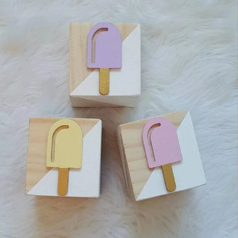 Unisex Room Decoration Customized Square Nature Wood Blocks With A Hearts-Swan-Crown-Popsicles-Ice Cream Cones-Gold Eyelashes Blocks/Colors-White/Pink/Purple/Gray/Gold