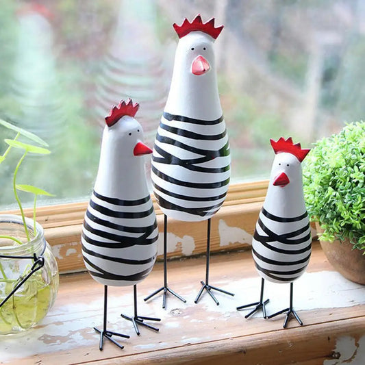 3PCS-Set Painted Carved Wood Chicken Figurines/Colors-Multicolor