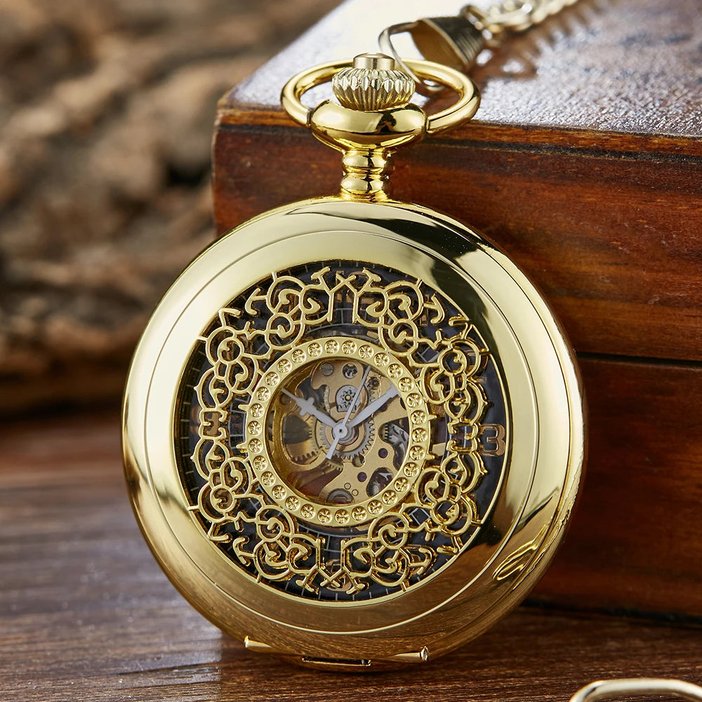 GORBEN Antique Flip-Out Black-Gold Round Shaped Stainless Steel Metal Analog Display Glass Window Mechanical Face Hand Winding Hollow-Out Case Chain-Pocket Watches/With Box-Without Box