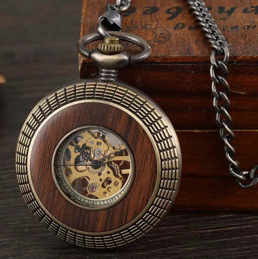 GORBEN Adults Unisex Antique Quartz Hand Winding Roman Numeral Bronze Round Shaped Stainless Steel Metal Case Acrylic Face Hollow-Out Solid Wood Steampunk Skeleton Dial Mechanical Chain-Pocket Watches
