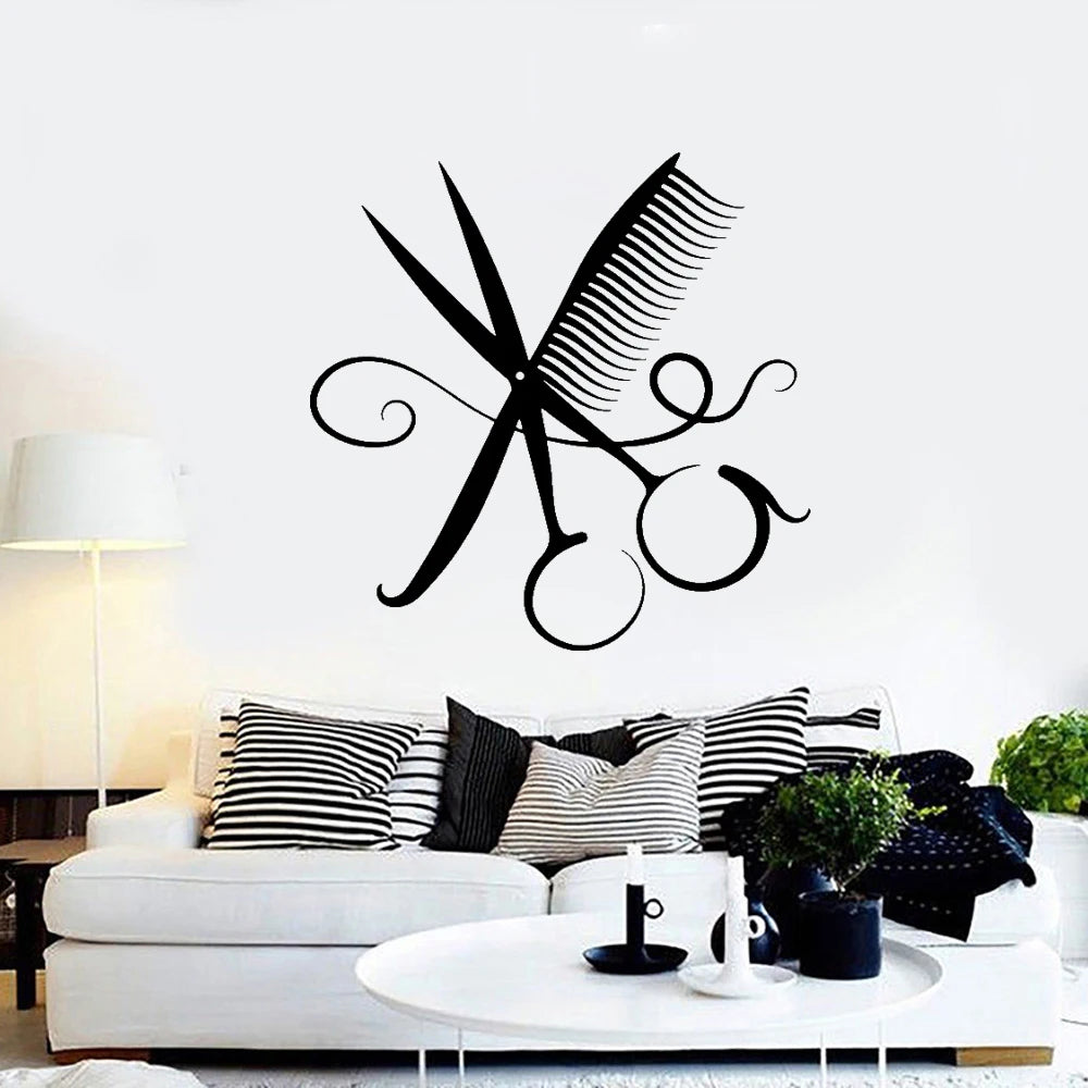 No-EN-Name-Null Modern Fashion Matte Black Vinyl Scissor-Comb Barber Shop Wall Art Home Decor Decals/Colors-Black/Red/Multicolor
