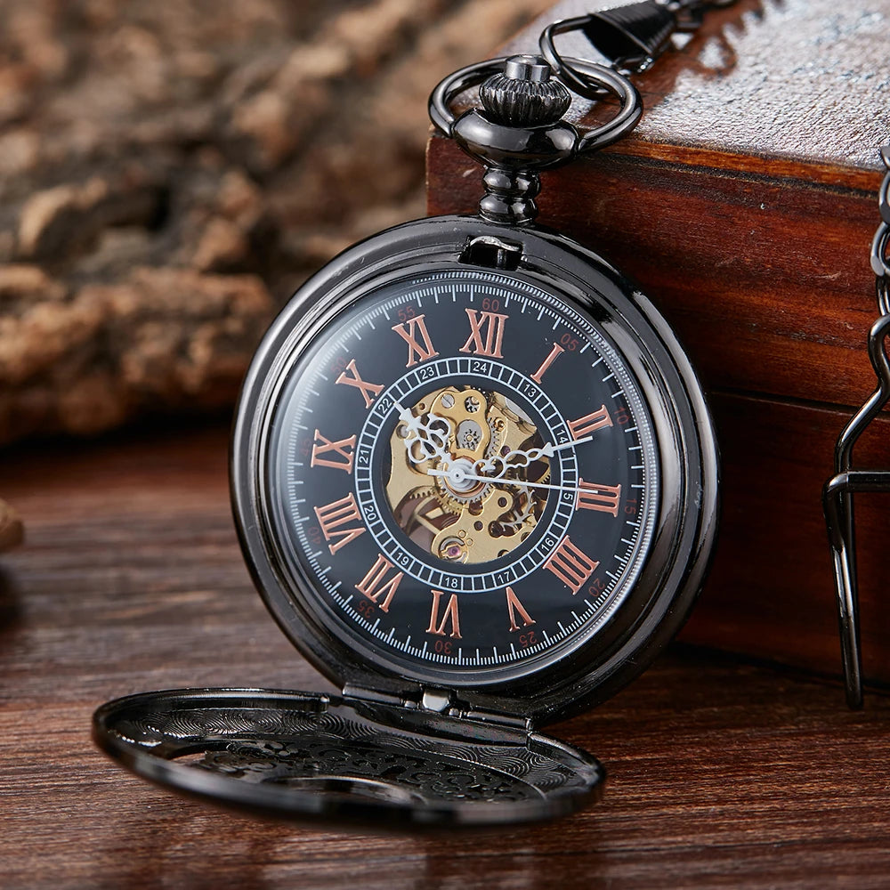 GORBEN Antique Flip-Out Black-Gold Round Shaped Stainless Steel Metal Analog Display Glass Window Mechanical Face Hand Winding Hollow-Out Case Chain-Pocket Watches/With Box-Without Box