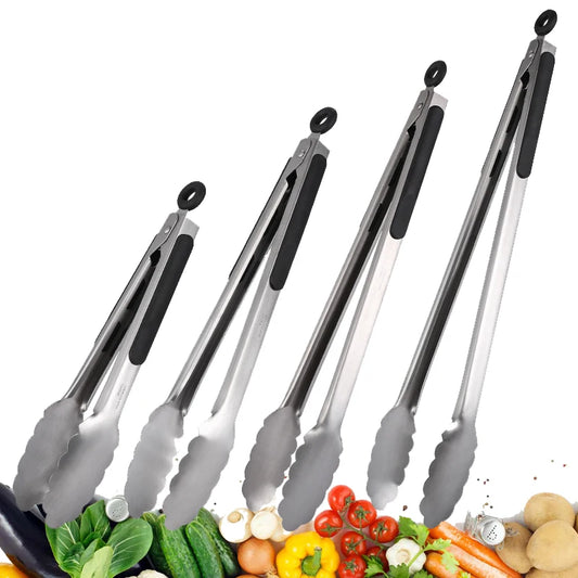 9-12-16 Inch Kitchen Long Silver Stainless Steel Non-Slip Black Silicone Handle BBQ Tongs/Lock-Hanging Hole/ High Temperature Resistant