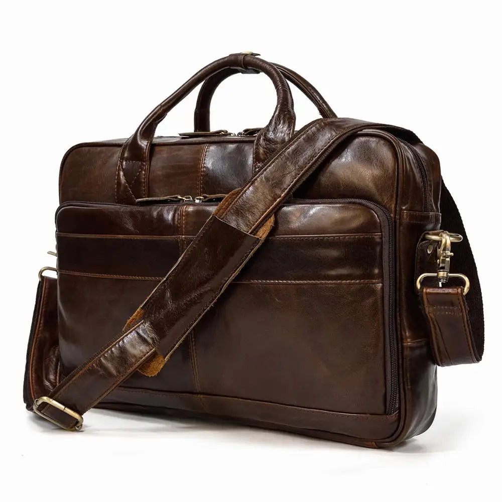 NEWSBIRDS Men Modern Rectangle Shaped Brown-Black Genuine Cowhide Leather Built-In 14-15.6 Inch Single Laptop Compartment Metal Zipper Two Handles-Detachable-Adjustable Shoulder Strap Briefcases