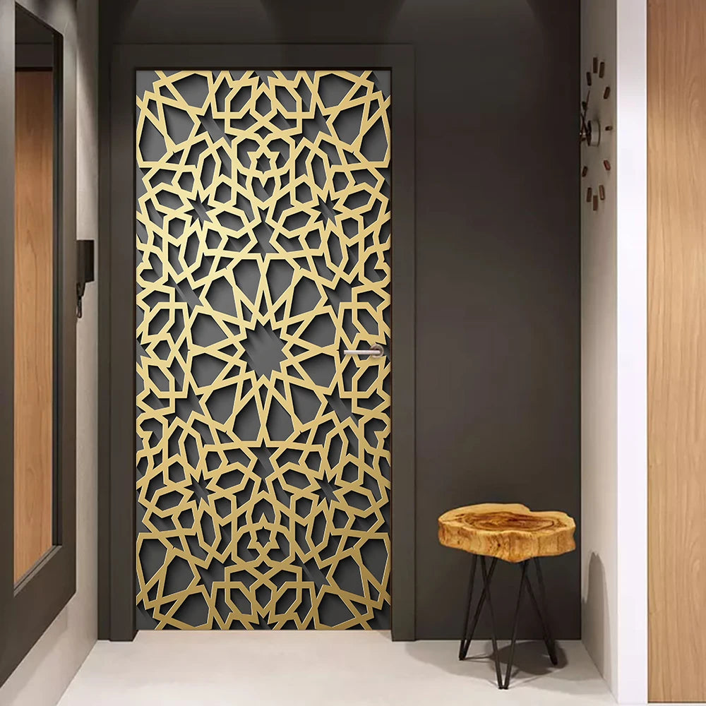 SENUAL BEE Indoor 2 PCS Home Modern Creative Waterproof No Fading Geometric Gold Muslim Eid al-Fitr Spirituality Mural Self-Adhesive Removable Plastic-Vinyl 3D Iron Door-Wall Home Decor Decals