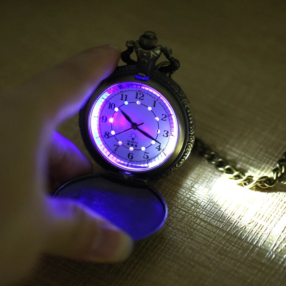 YISUYA Adults Antique Japanese Quartz Analog Display Acrylic Face Round Shaped Metal Alloy Case Hollow-Out Engraved Locomotive Train Floral Front Design Luminous LED Light Gold Chain-Pocket Watches /Colors-Gold/Bronze/Silver