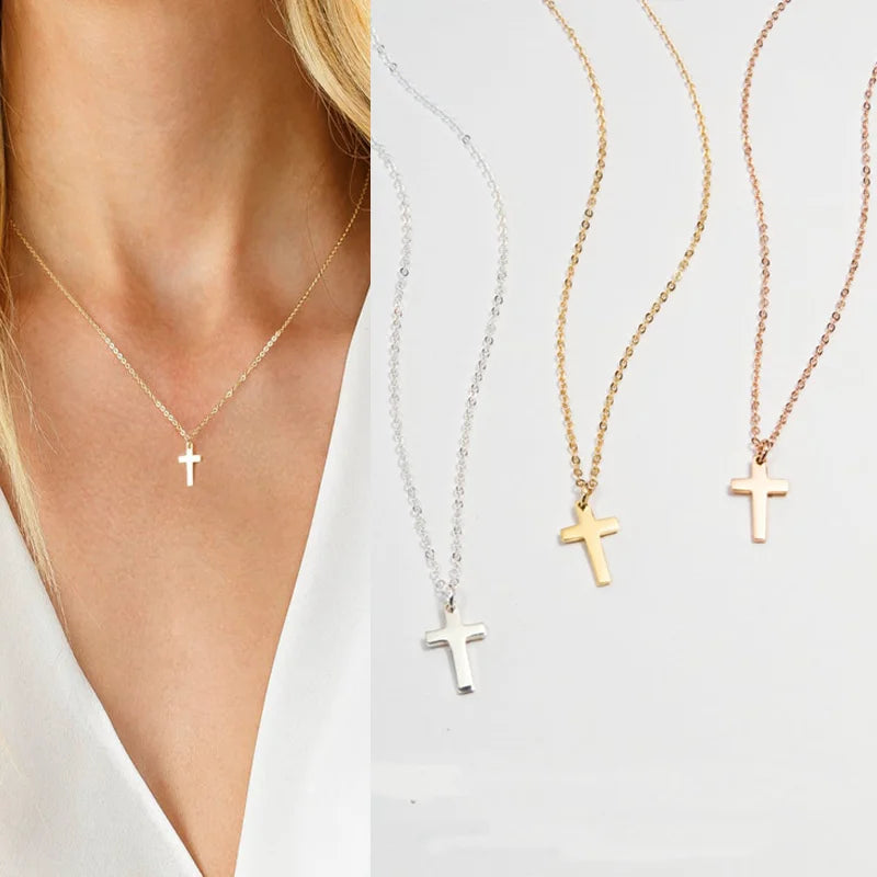 MEAEGUET Women Fine Imitation Tiny Dainty Sideway Cross Pendant Stainless Steel Three-Layer Gold-Plated Link Large Choker Chain Necklaces/Colors-Rose Gold/Gold/Silver