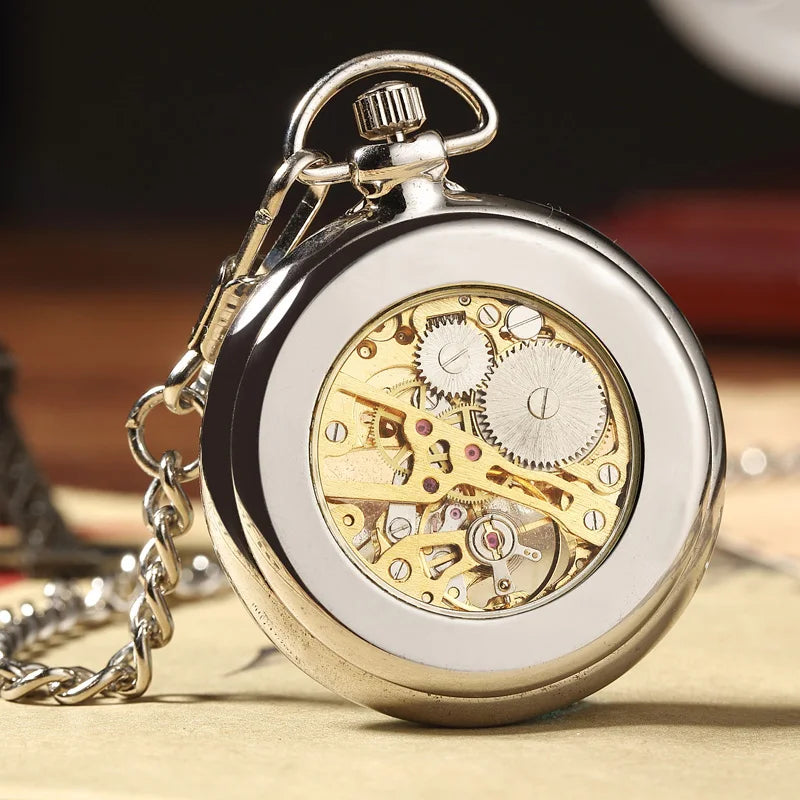 GORBEN Adults Analog Display Retro Silver-Bronze Round Roman Numeral Hand Winding Acrylic Face Stainless Steel Metal Japanese Polygon Mechanical Steampunk Skeleton Dial Pendant Chain-Pocket Watches/Gift Box Optional