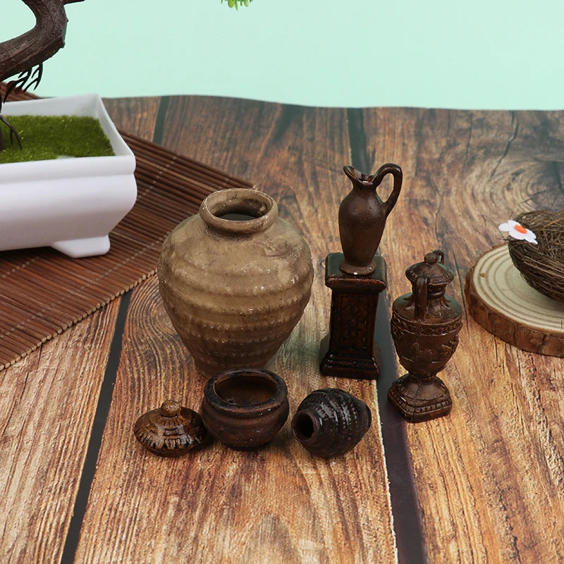No-EN-Name-Null Kids Mini Brown-Beige Dollhouse Porcelain Ceramic Floral Flower Pots Dollhouse Accessories /Ages: 3-12 Years Old
