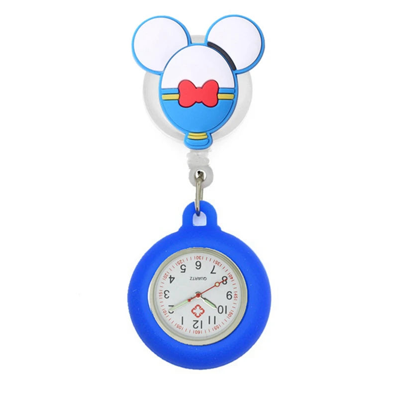 No-EN-Name-Null Adults Waterproof Glass Face Yellow Silicone Cover Round Shaped Metal Alloy Case Quartz Analog-Digital Display Cartoon Mickey Mouse Head Design Retractable Badge Reel-Fob Pocket Watches/Colors-Pink/Light Blue/Neon Pink/Dark Blue/Yellow