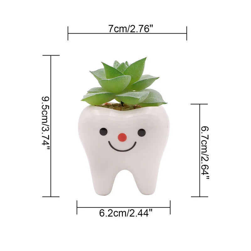 YOUYA DENTAL Indoor Ceramic Resin White Cute Smiling-Frowning Face Tooth Shaped Mini Floral Flower Pots Planters /Colors-Blue/White/Multicolor/Floral