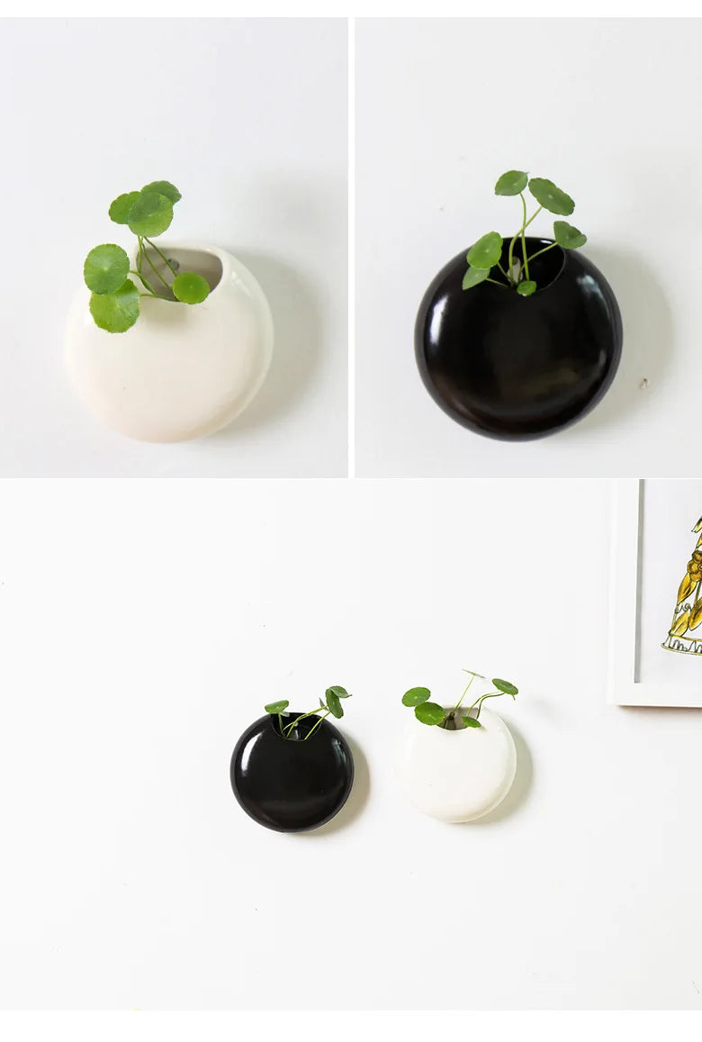 No-EN-Name-Null Indoor Corrosion Resistant Handmade Porcelain Ceramic Black-White Round Shaped Wall Mounted Hanging Flowerpots Planters
