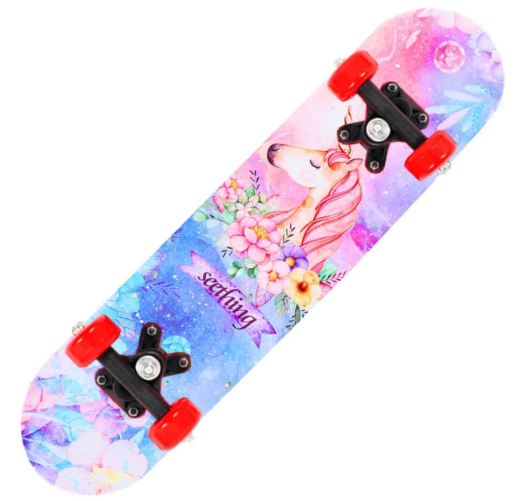 PENGGUE Kids Outdoor Customized Beginners Multicolor Maple Wood-PVC Deck Double Rocker Aluminum Alloy Metal Cartoon Characters Classic Skateboards/Size: 60 cm x 15 cm/Colors-Multicolor/Blue/Black/Yellow/Purple/Floral/Red/Ages: 2-6 Years Old
