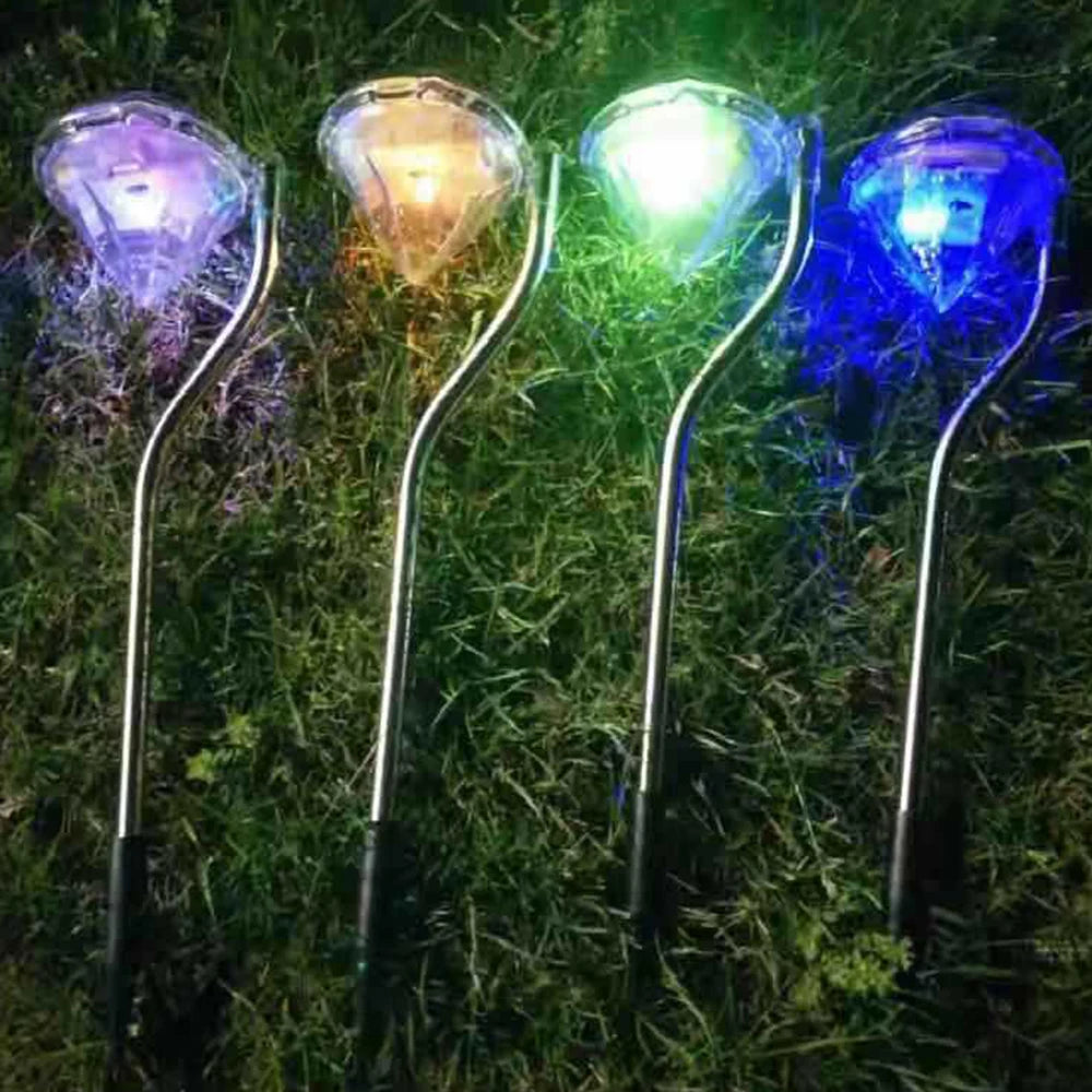 WRMIHU Solar-Powered Clear Diamond Shaped Light On-Off Automatic Light Sensing Function Warm White LED Silver Stainless Steel Multicolor Plastic Body Lawn Landscape Pathway Stake Garden Lights/Colors-Clear/Silver/Purple/Yellow/Red/White/Green Multicolor