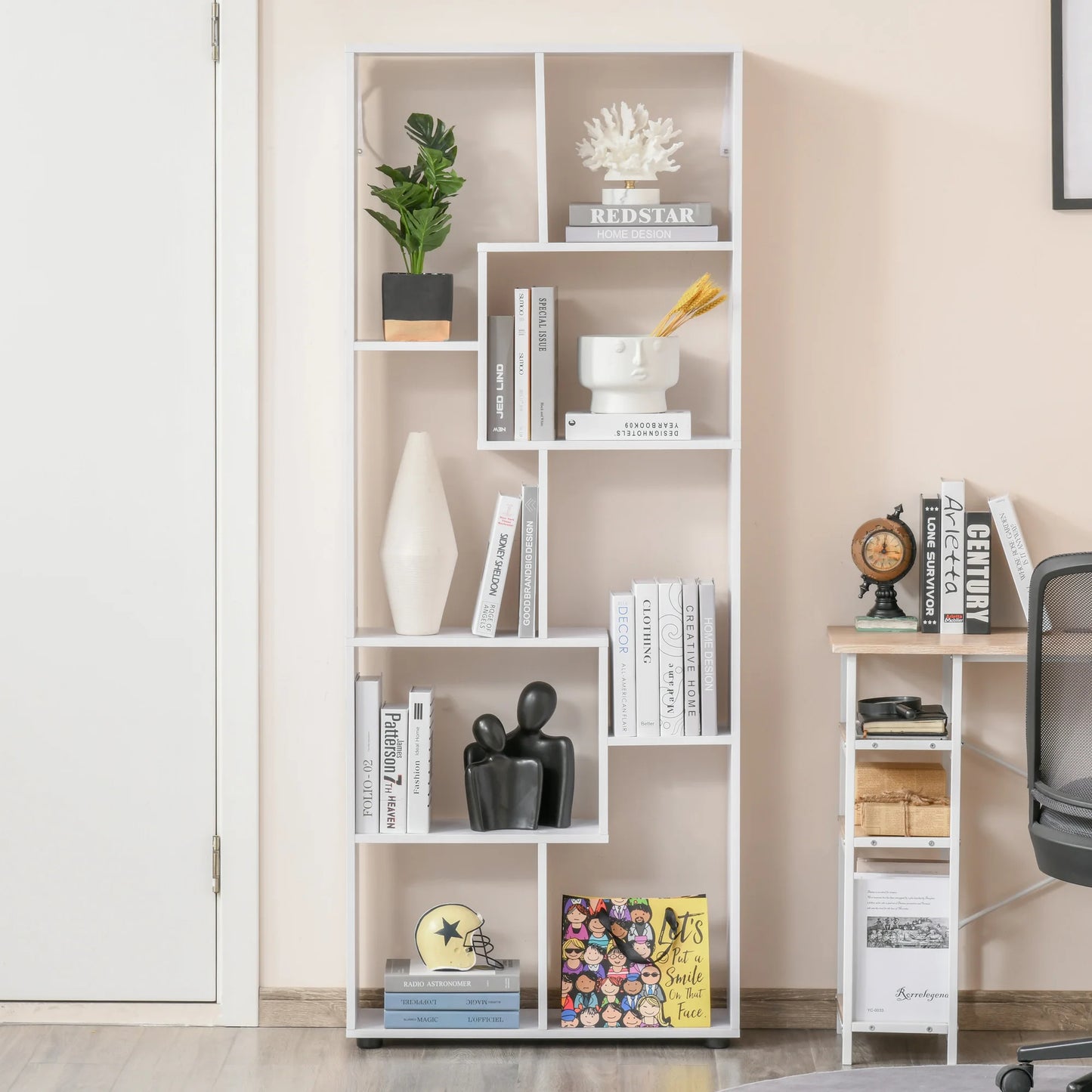 HOMCOM Modern White-Brown E1 Particle Board-Melamine Smooth Surface Eight Shelves Vertical Free-Standing Anti-Toppling Device Anti-Slip-Protective Feet Bedroom-Living Room Modular Bookcases /Sizes: 70X24X178cm