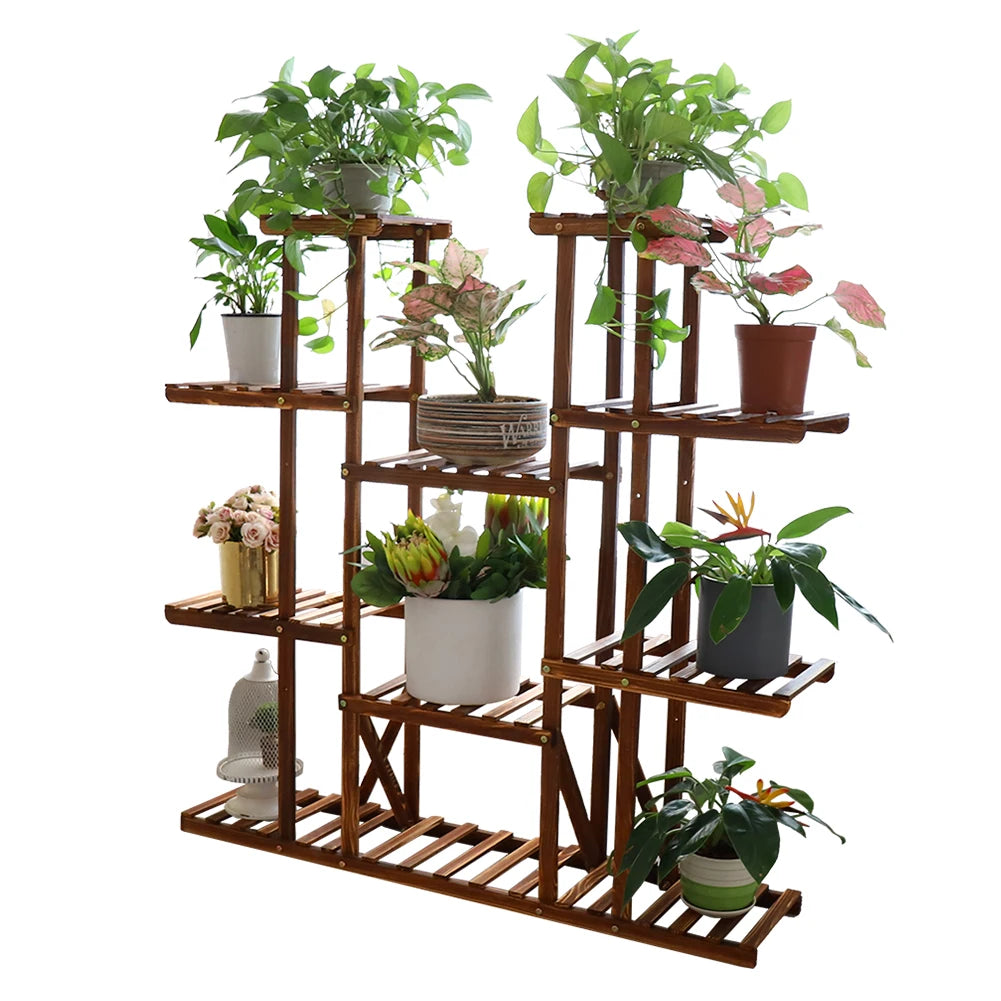 BINGOPAW Brown Pine Wood 9 Multi-Functional Tier Shelves Metal Screws Flower-Plant Stands /Dimension: 116 x 115cm/ 46x45in