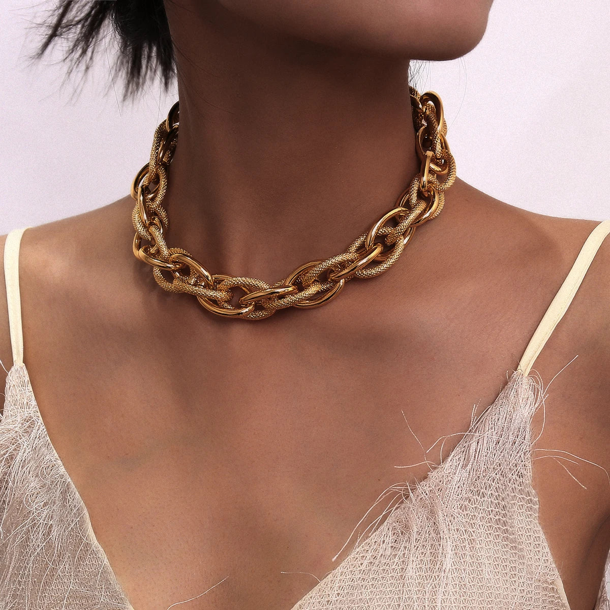 INGEMARK Adult Women Imitation Gold-Silver-White Round Aluminum Metal Punk Hip-Hop-Rock Chunky Thick Link Chain Mood Tracker Choker Lock Pendant Necklaces