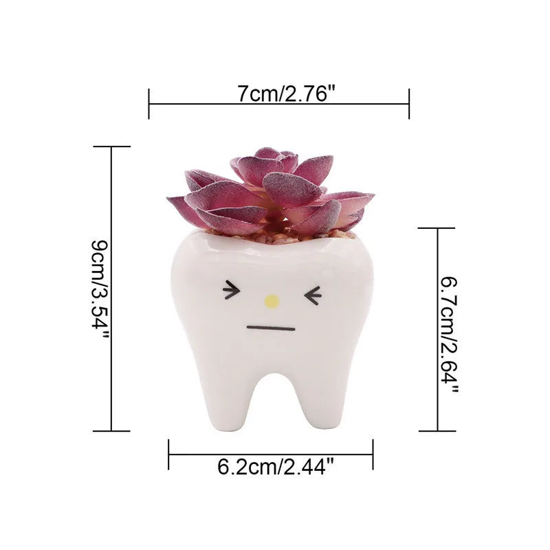 YOUYA DENTAL Indoor Ceramic Resin White Cute Smiling-Frowning Face Tooth Shaped Mini Floral Flower Pots Planters /Colors-Blue/White/Multicolor/Floral