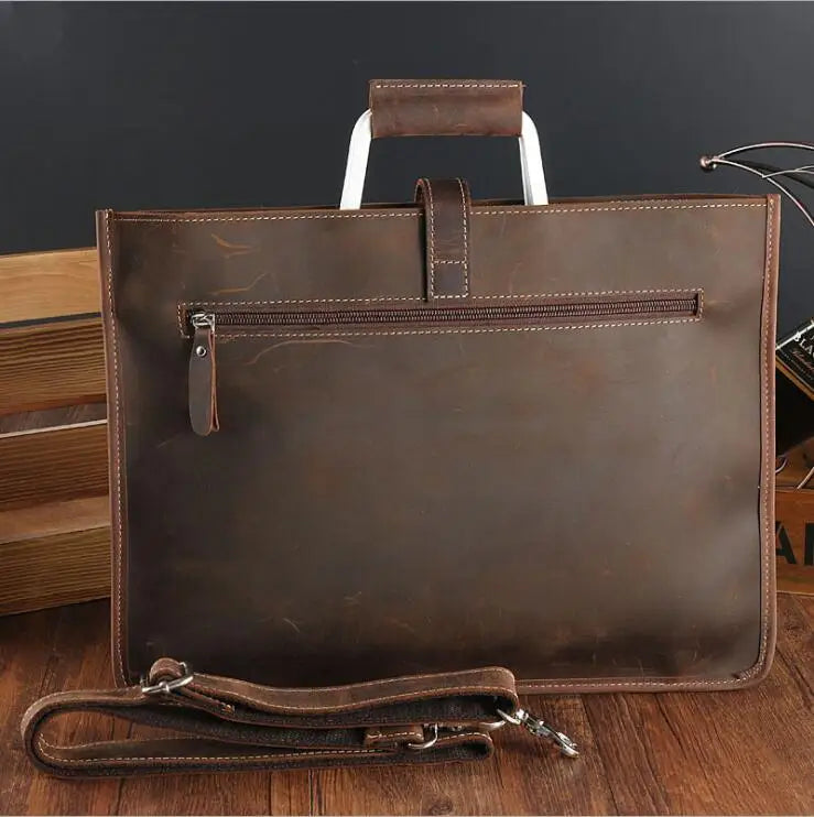 NEWSBIRDS Adult Unisex Modern Two Handles-One Shoulder Strap Rectangle Brown-Black Cowhide Leather Metal Zipper Polyester Lining A4 File Documents Built-In 14 Inch Laptop Single Compartment Business Handbags