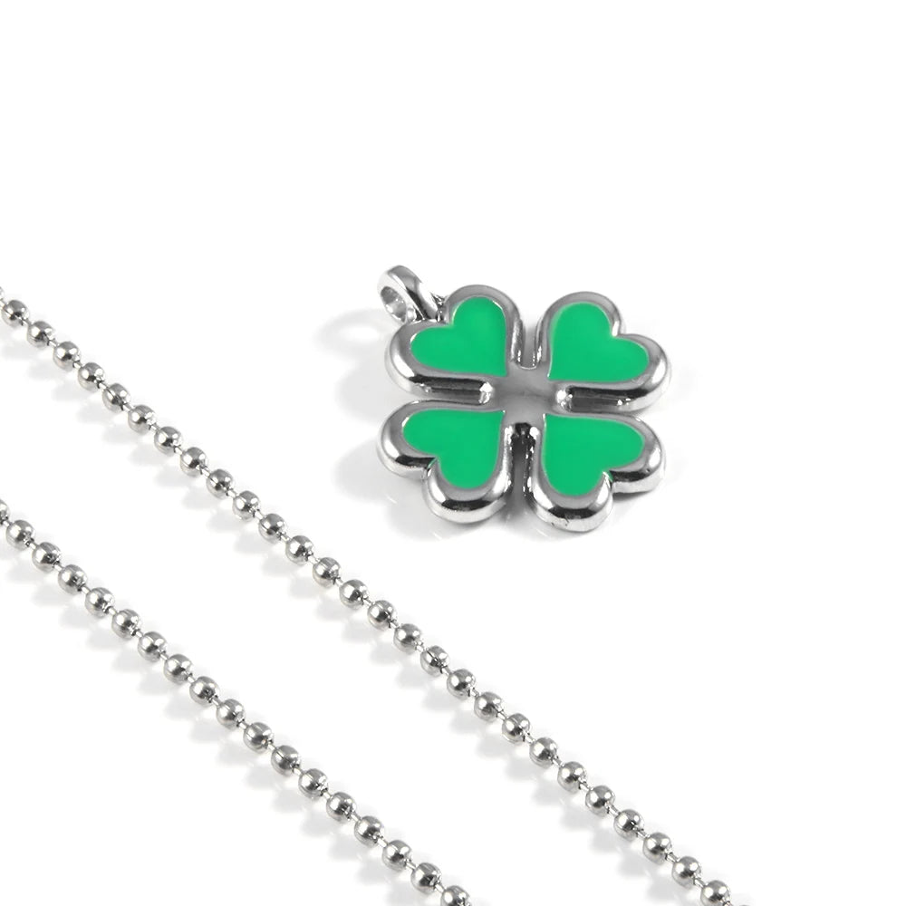 SONGCHANG Adult Women-Teen Girls Imitation Silver Metal Alloy Trim Green Four Leaf Clover Pendant Link Chain Necklaces/Colors-Black/Geometric
