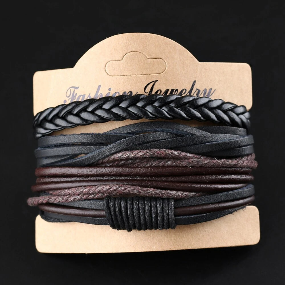 LIUJUN 4 PCS Adult Men Vintage Imitation Geometric Black-Brown Multilayer Rope Chain Woven Beaded Cord Leather Lace-Up Clasp Round Bracelets Sets