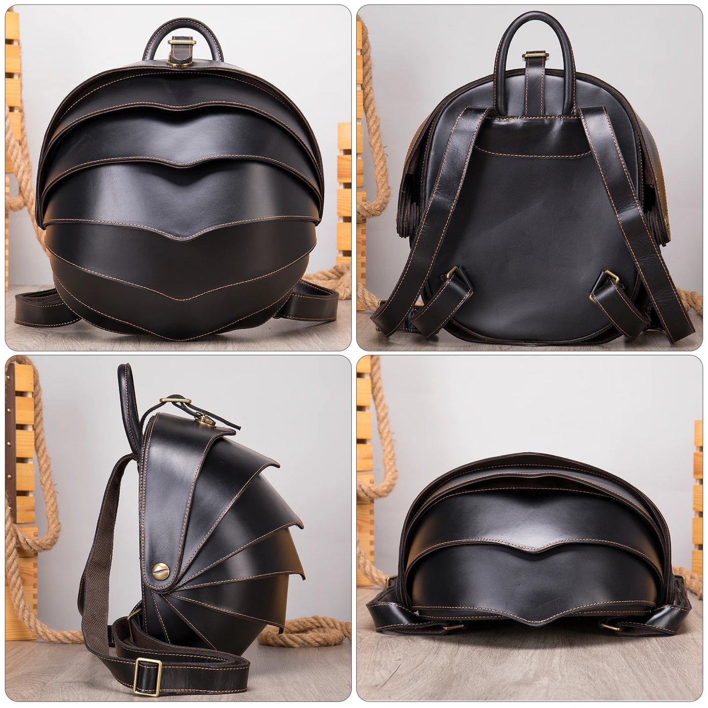 WESTAL Women Mini Round External Frame Beetle Shaped Red Genuine Leather Curve Back Support Polyester Zipper Lining Internal Pockets Built-In Tablet Compartment Shoulder Straps-Handle Anti-Theft Pockets Backpacks/Keychain Holder/Colors-Red/Black/Brown
