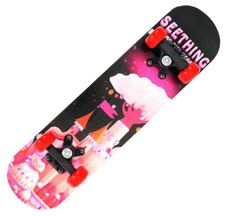 PENGGUE Kids Outdoor Customized Beginners Multicolor Maple Wood-PVC Deck Double Rocker Aluminum Alloy Metal Cartoon Characters Classic Skateboards/Size: 60 cm x 15 cm/Colors-Multicolor/Blue/Black/Yellow/Purple/Floral/Red/Ages: 2-6 Years Old