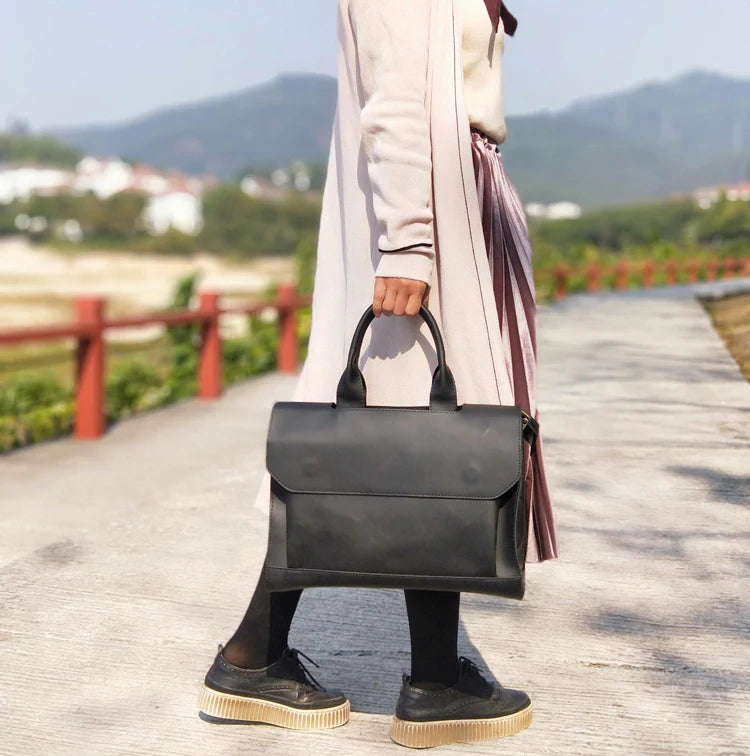 No-EN-Name-Null Women Modern Brown Rectangle Shaped Hard Faux Leather Metal Zipper A4 File Document Bag Polyester Lining Built-In 14 Inch Laptop Compartment One Shoulder Soft Straps-Two Soft Handles Business Briefcases/ Colors-Black/Brown/Gray