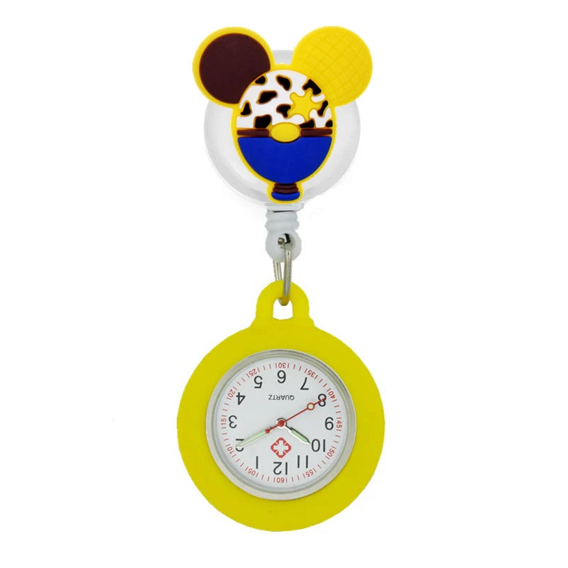 No-EN-Name-Null Adults Waterproof Glass Face Yellow Silicone Cover Round Shaped Metal Alloy Case Quartz Analog-Digital Display Cartoon Mickey Mouse Head Design Retractable Badge Reel-Fob Pocket Watches/Colors-Pink/Light Blue/Neon Pink/Dark Blue/Yellow