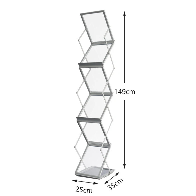ENNJOI Modern 3-Tier Free-Standing Silver Aluminum Metal Framed Foldable Bookshelves Storage Magazine Rack Holders/ Size: W x L x H /25cm  x 35cm  x  149cm