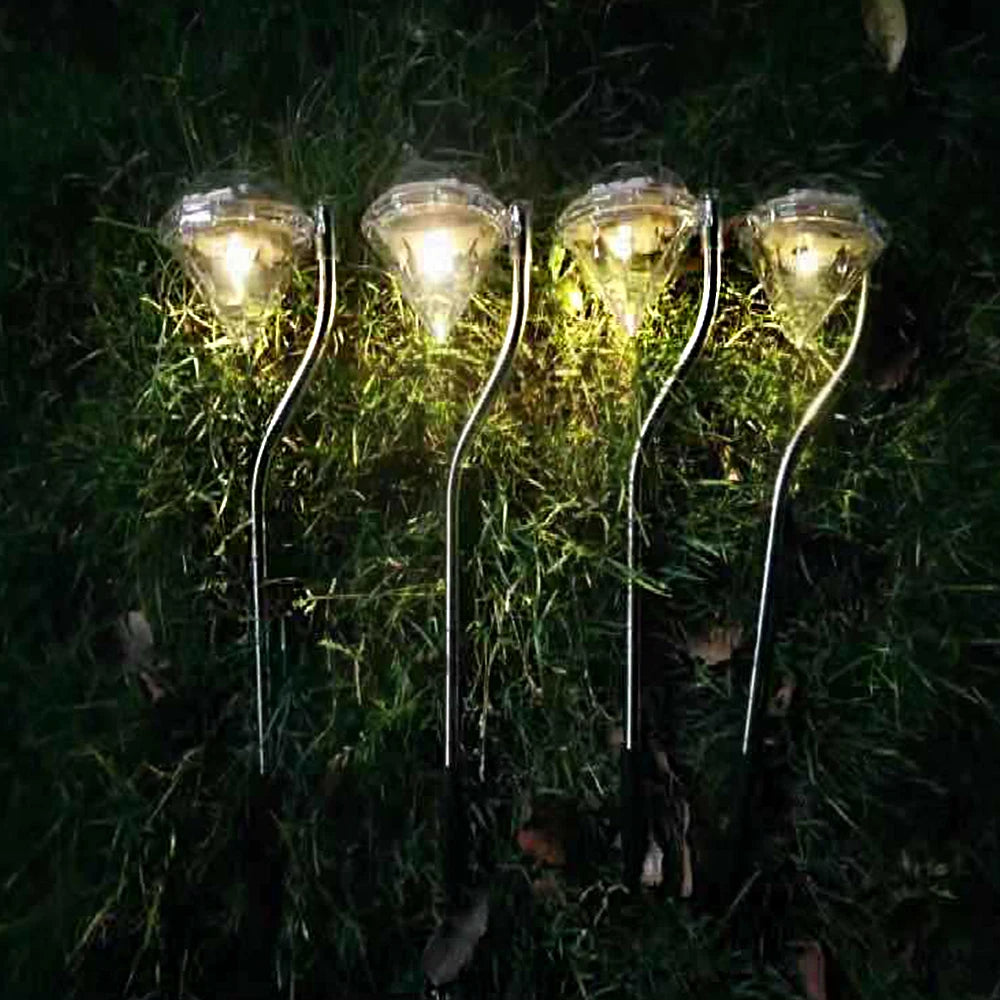 WRMIHU Solar-Powered Clear Diamond Shaped Light On-Off Automatic Light Sensing Function Warm White LED Silver Stainless Steel Multicolor Plastic Body Lawn Landscape Pathway Stake Garden Lights/Colors-Clear/Silver/Purple/Yellow/Red/White/Green Multicolor