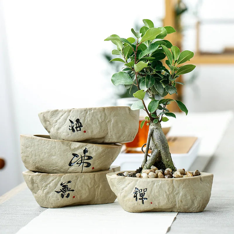 Home Garden Round Glazed Ceramic Beige-Green Color Black Chinese Writing Design Non-Porous Perforated Desktop Flower Pots