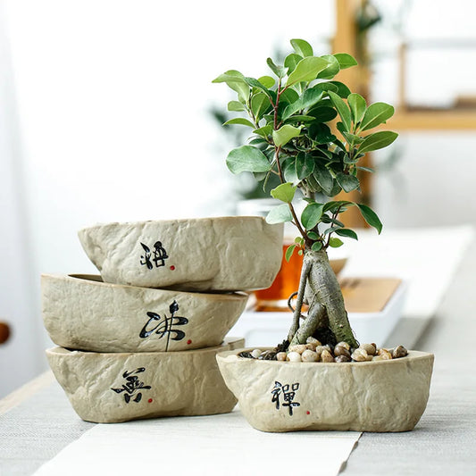 No-EN-Name-Null Glazed Ceramic Beige-Green Realistic Stone Pattern Black Chinese Writing Design Non-Porous Perforated Desktop Round Shaped Flower Pots Planters