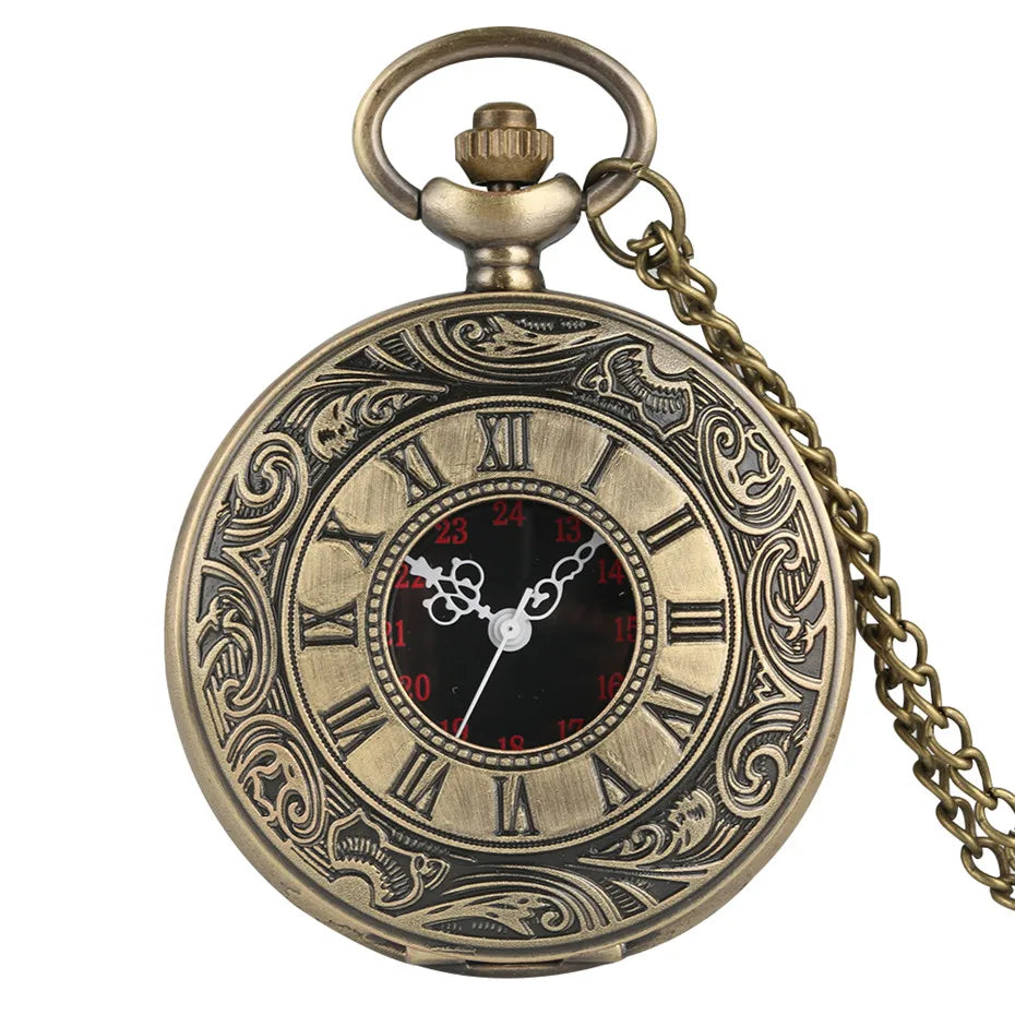 YISUYA Adults Men Antique Quartz Acrylic Face Round Shaped Metal Alloy Case Black Roman Numeral Steampunk Black Necklace Chain-Pocket Watches /Colors-Black/Gold/Silver/Bronze
