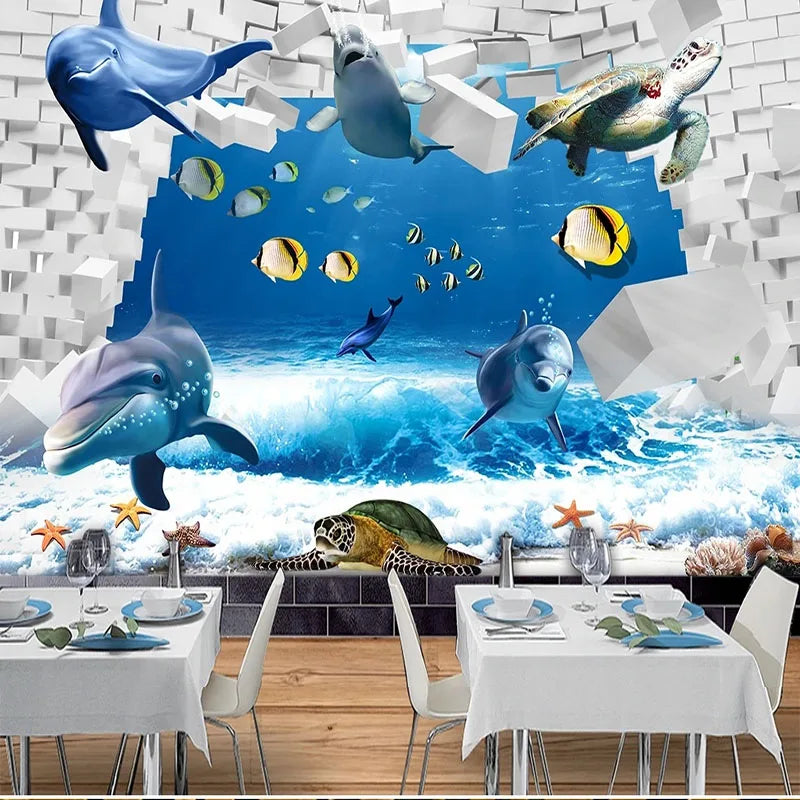 JIADOU Modern Kids Waterproof Canvas Customized Self-Adhesive Printed Blue-White 3D Cartoon Ocean Scene-Dolphins-Fishes-Sea Turtle Removable Peel-N-Stick Vinyl Mural Wallpaper/Colors-Blue/White/Animal