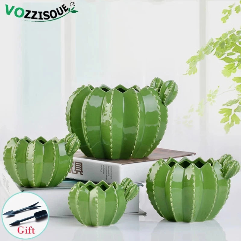 VAZZISOUE Indoor Handmade Glazed Porcelain Ceramic Green Cactus Shaped Design Succulent Bonsai Desktop Flower Pots Planters/ Small-Medium-Large Sizes